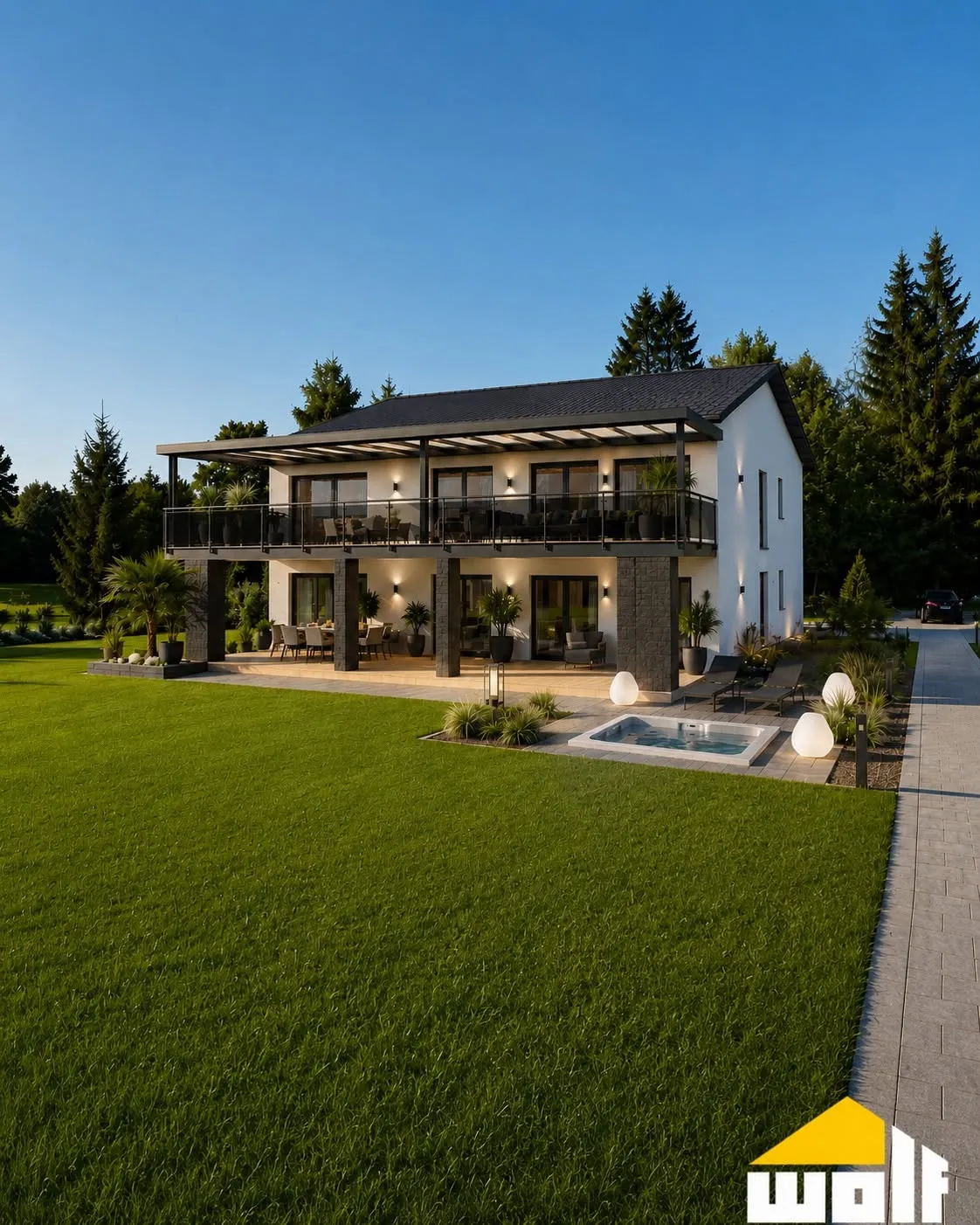 KI-Visualisierung WOLF-Haus mit Pool und Terrasse